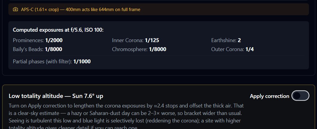 eclipseClick's atmospheric extinction correction toggle in the off position, showing the computed exposures at low totality altitude before correction is applied