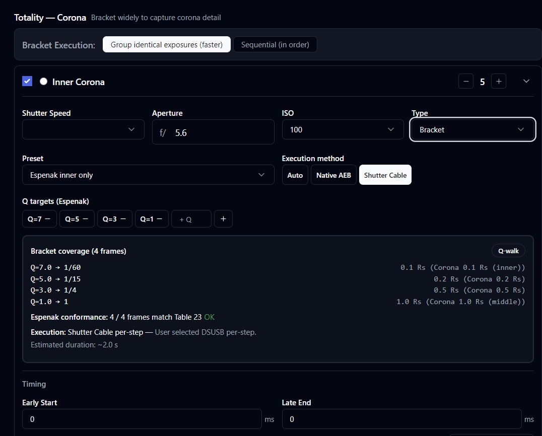 eclipseClick's per-phenomenon advanced panel for Inner Corona, showing the Espenak inner-only preset, Q targets 7/5/3/1, and the Early Start / Late End timing fields at the bottom