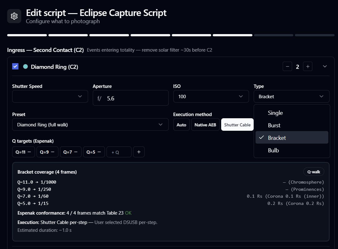 eclipseClick's per-phenomenon advanced panel for the Diamond Ring, showing Type, Preset, Execution method, Q-target chips, and the bracket coverage readout