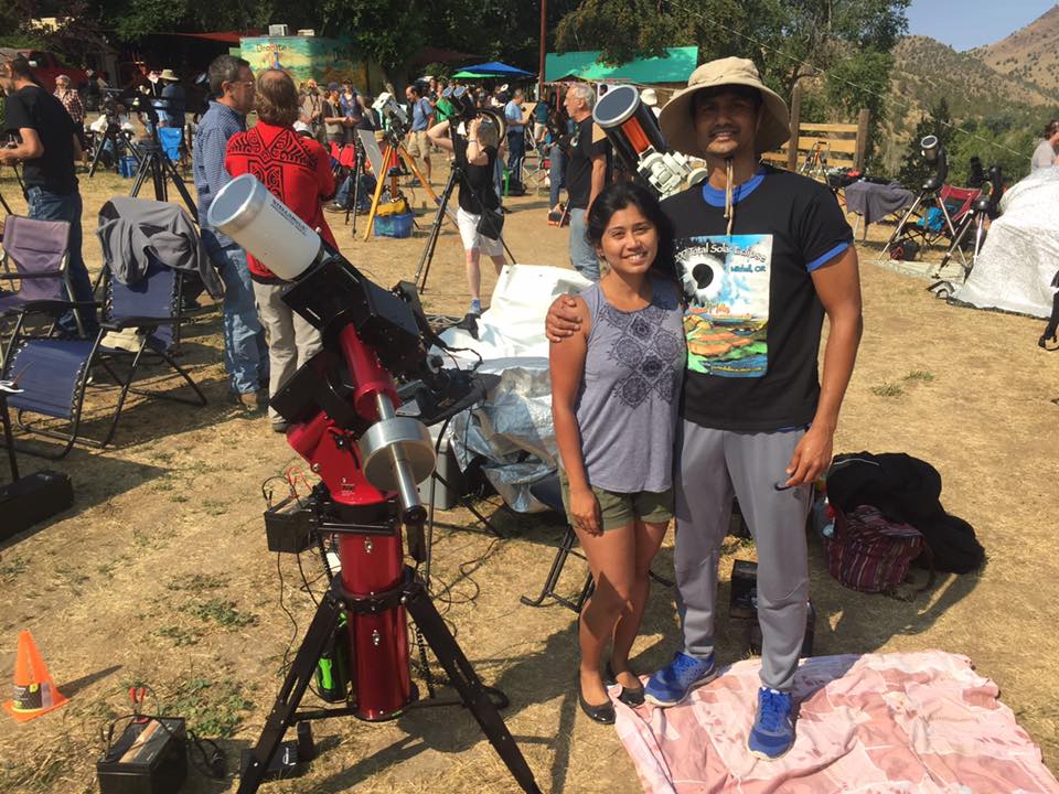 Swaroop Shere with telescope setup at the 2017 total solar eclipse in Mitchell, Oregon
