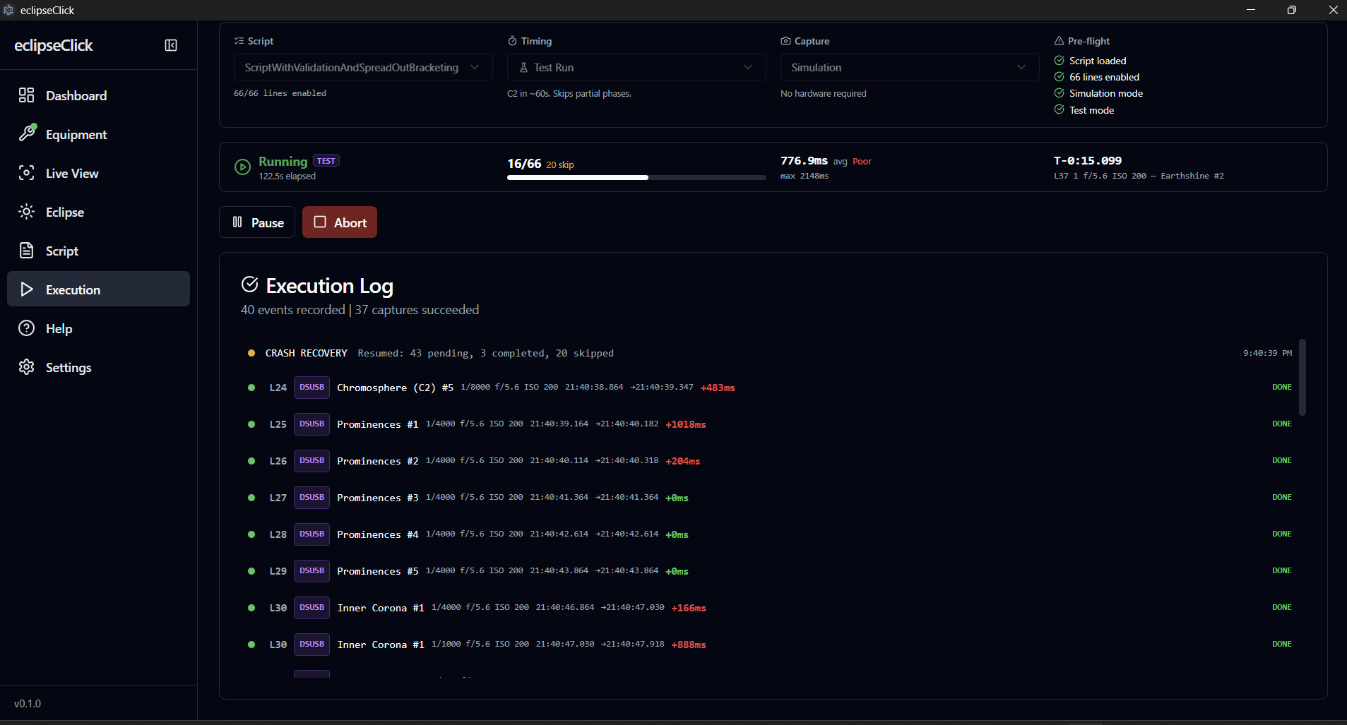 Execution log showing crash recovery and auto-reconnect entries