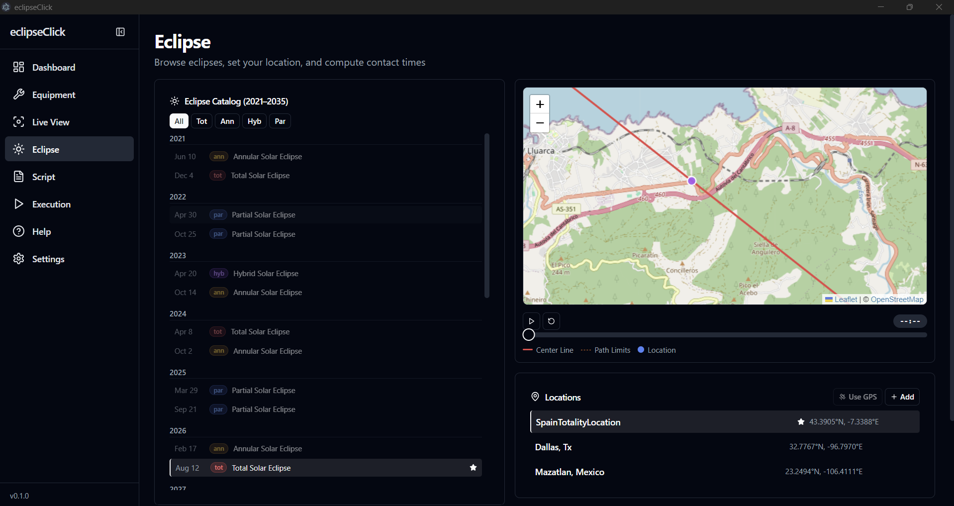 Interactive map showing eclipse path and shadow