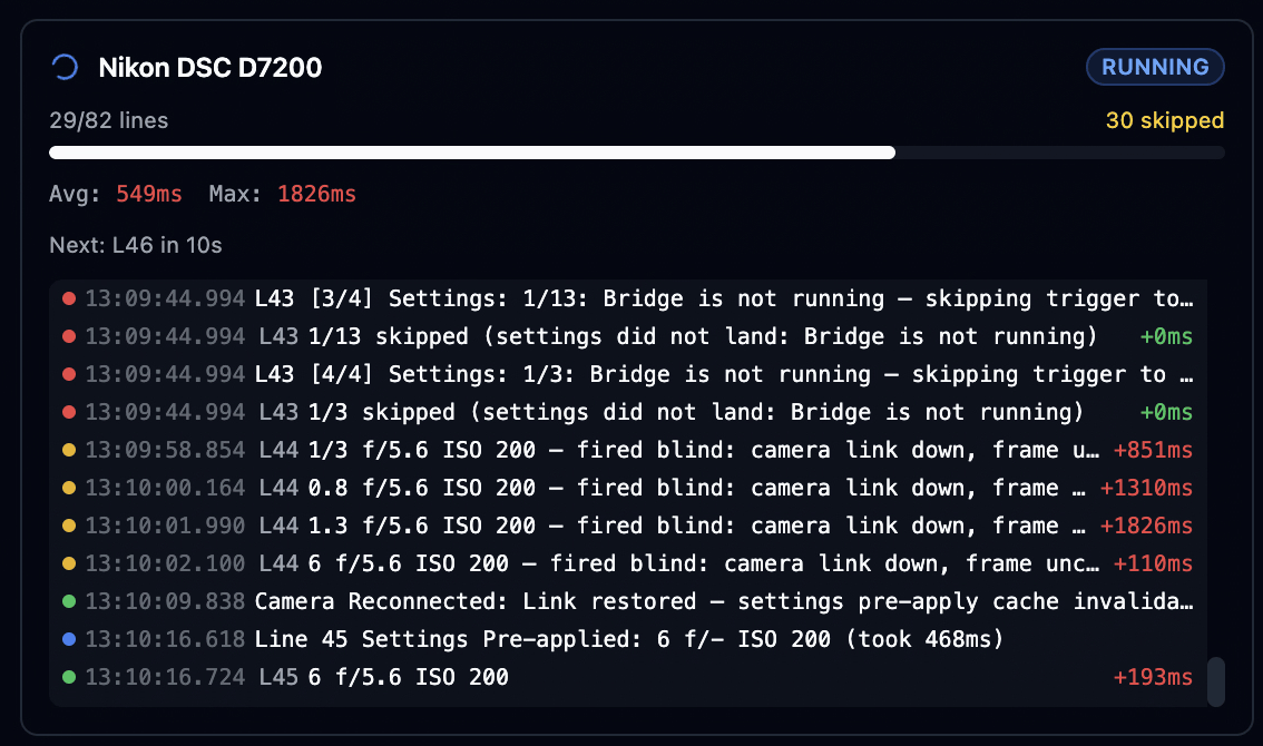 An eclipseClick camera log showing frames fired blind while the camera link was down, then the link restored with the settings pre-apply cache invalidated, then exposure settings pre-applied to the camera, then the next frame firing normally.