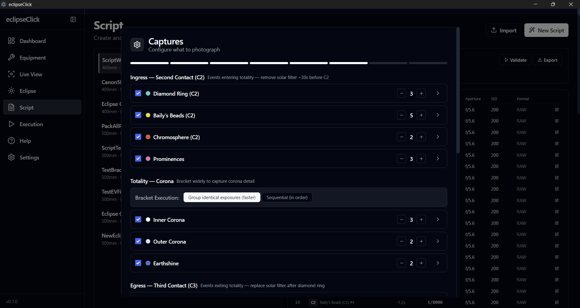 Script wizard showing capture plan configuration