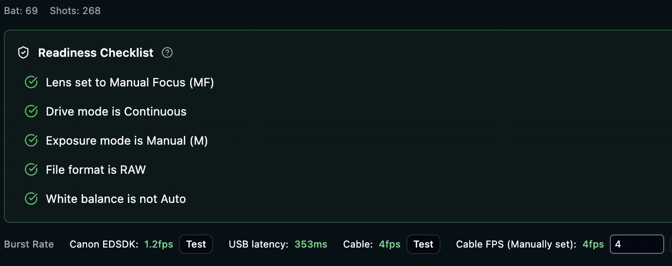 The bottom of an eclipseClick Equipment page camera card. A Readiness Checklist shows five green checks — lens set to Manual Focus, drive mode Continuous, exposure mode Manual, file format RAW, white balance not Auto. Beneath it a Burst Rate row reads 'Canon EDSDK: 1.2fps' with a Test button, 'USB latency: 353ms', 'Cable: 4fps' with its own Test button, and 'Cable FPS (Manually set): 4fps' with the value 4 in an input.